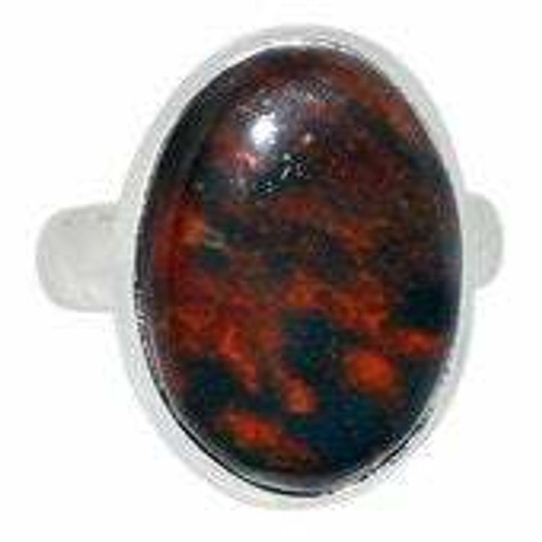 Bloodstone Ring in Sterling Silver, SIZE 7.5 US - Polished oval Ring in Bezel Setting - 423