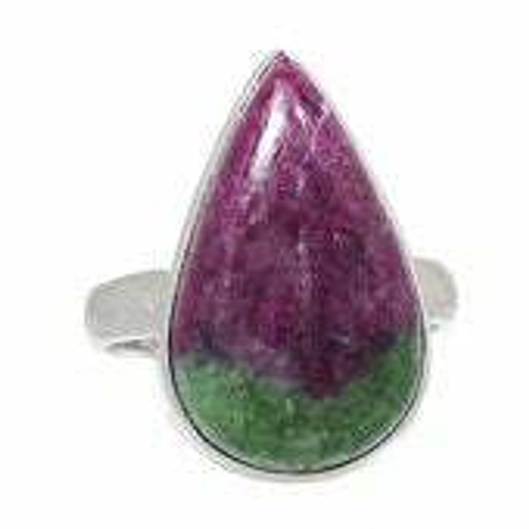 Ruby In Zoisite Ring in Sterling Silver, SIZE 8 US - Polished Teardrop Ring in Bezel Setting - 412