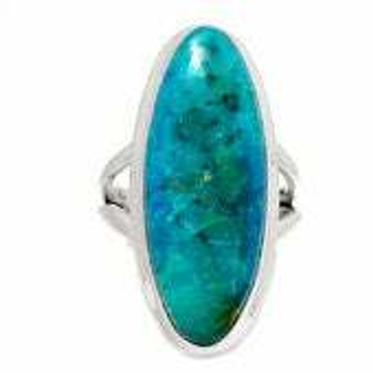 Chrysocolla Ring in Sterling Silver, SIZE 9 US - Polished Oval Ring in Bezel Setting - 263