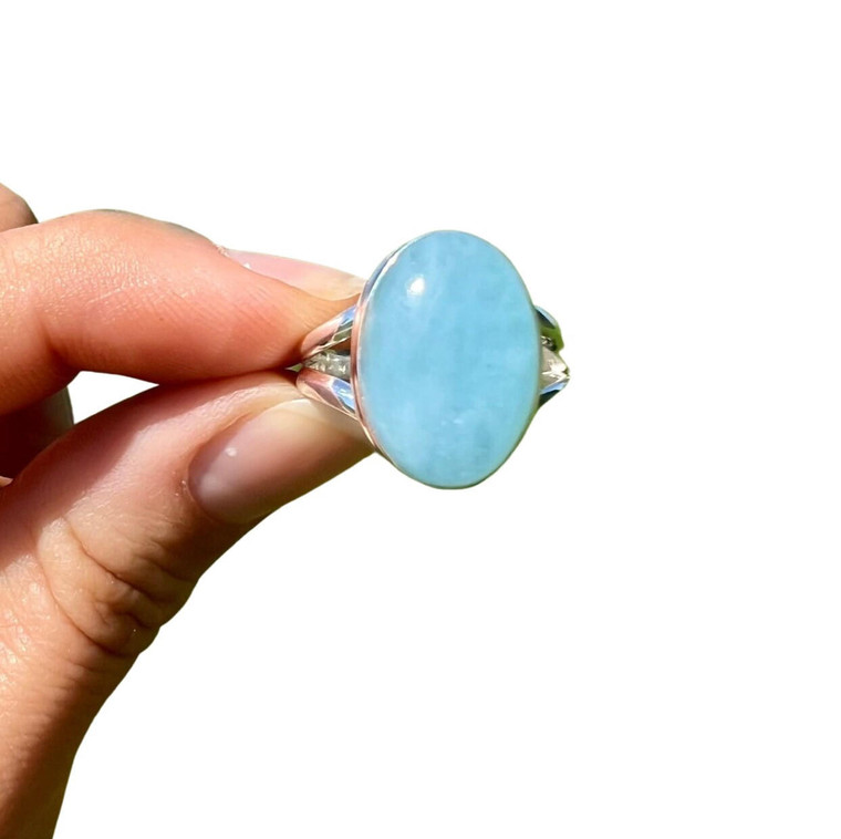 Aquamarine Ring in Sterling Silver, SIZE: 9 US - Polished Oval Ring - No.936 