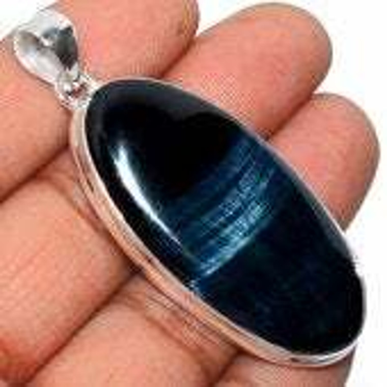 Blue Tigers Eye Polished Oval Pendant in Bezel Setting - Sterling Silver - 431