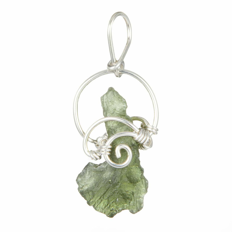 Moldavite Raw Natural Pendant in Wire Wrapped Setting - Sterling Silver - 39