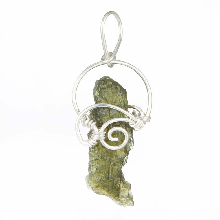 Moldavite Raw Natural Pendant in Wire Wrapped Setting - Sterling Silver - 42