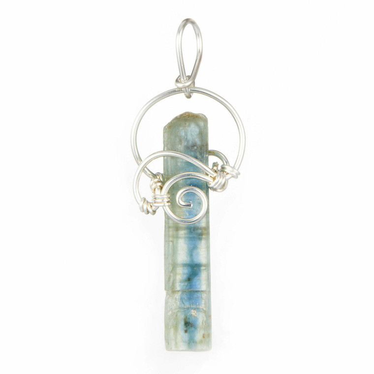 Blue Kyanite and Green Kyanite Raw Natural Pendant in Wire Wrapped Setting - Sterling Silver - 14