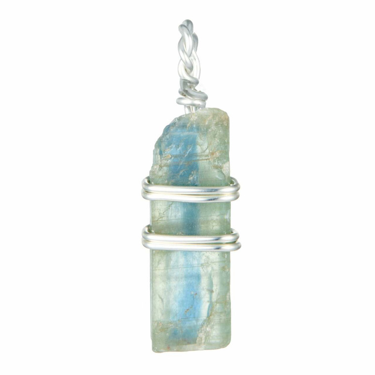 Blue Kyanite and Green Kyanite Raw Natural Pendant in Wire Wrapped Setting - Sterling Silver - 16