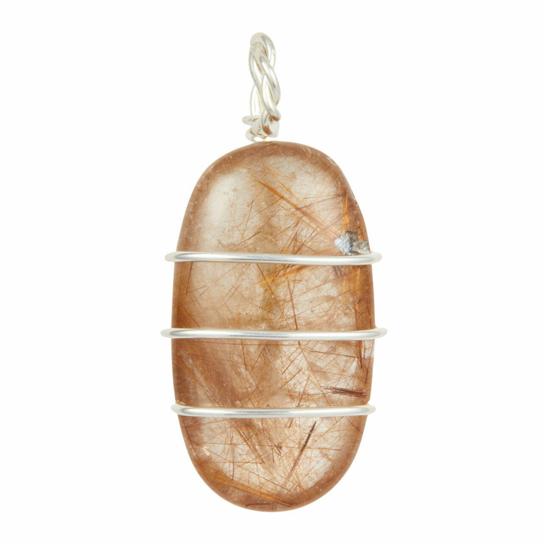 Golden Rutilated Quartz Polished Oval Pendant in Wire Wrapped Setting - Sterling Silver - 190