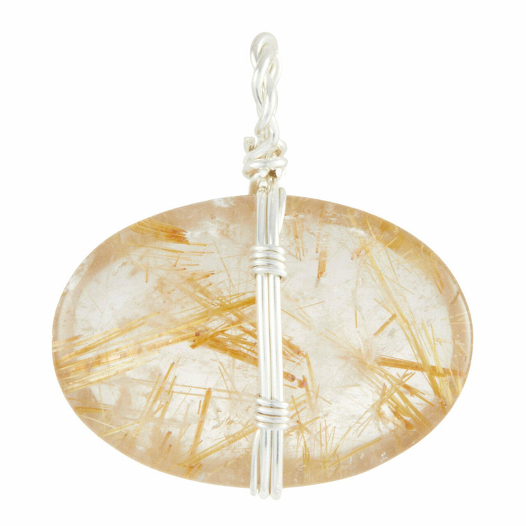 Golden Rutilated Quartz Polished Oval Pendant in Wire Wrapped Setting - Sterling Silver - 193