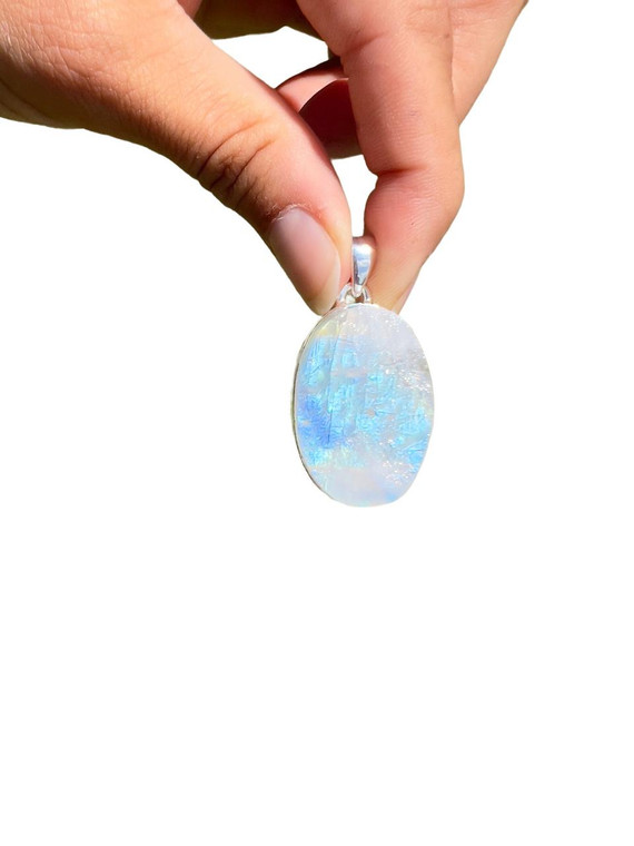 Rainbow Moonstone Polished Oval Pendant - Sterling Silver - No.244 