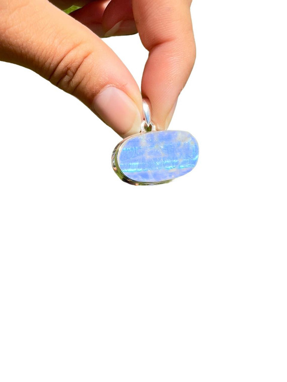 Rainbow Moonstone Polished Oval Pendant - Sterling Silver - No.250 