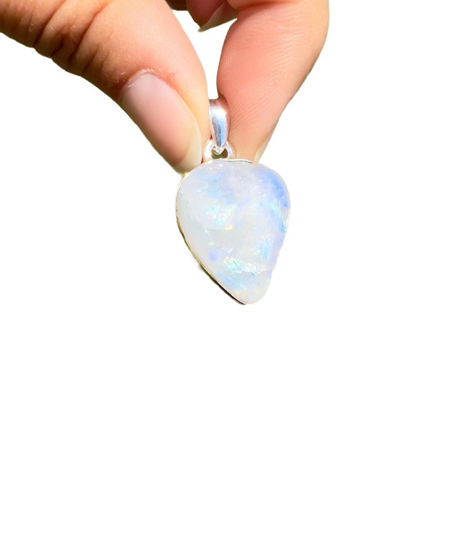 Rainbow Moonstone Raw Triangle Pendant - Sterling Silver - No.276 