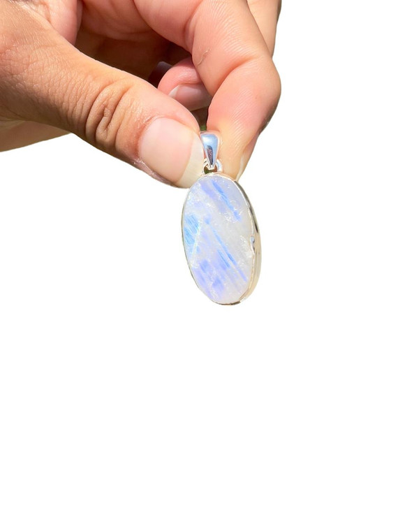 Rainbow Moonstone Raw Oval Pendant - Sterling Silver - No.281 