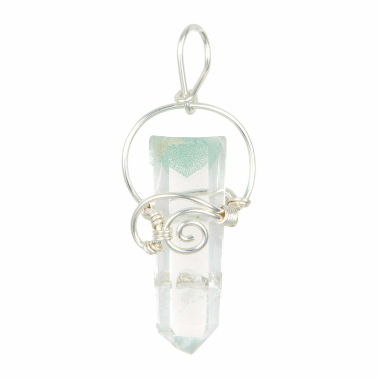 Celadonite Phantom Quartz Raw Point Pendant in Wire Wrapped Setting - Sterling Silver - 110