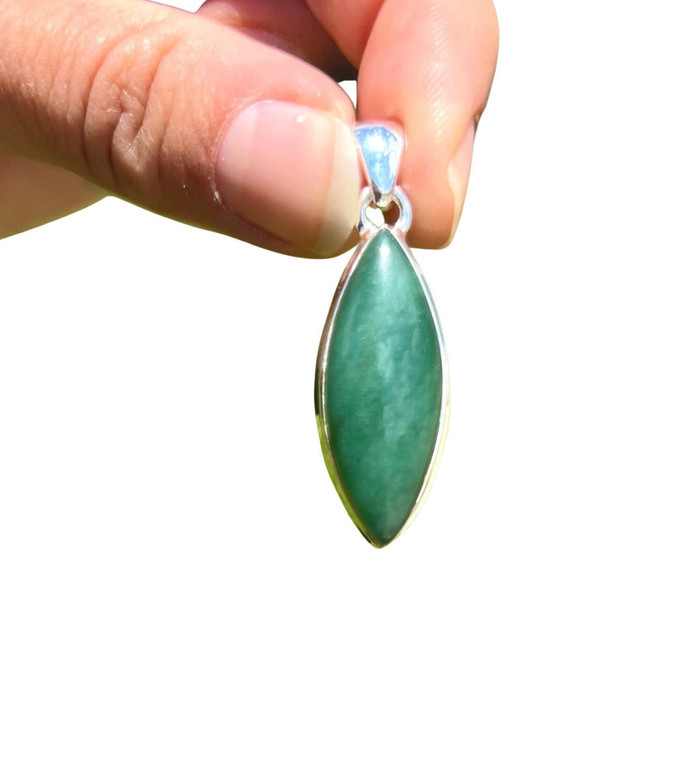 Nephrite Jade Polished Marquise Pendant - Sterling Silver - No.418 