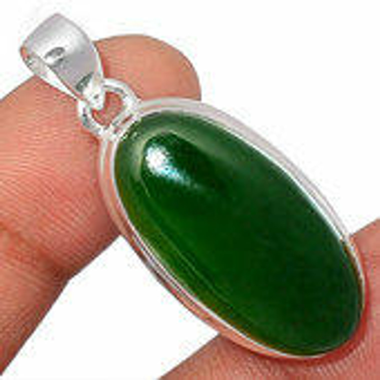 Nephrite Jade Polished Oval Pendant in Bezel Setting - Sterling Silver - 457