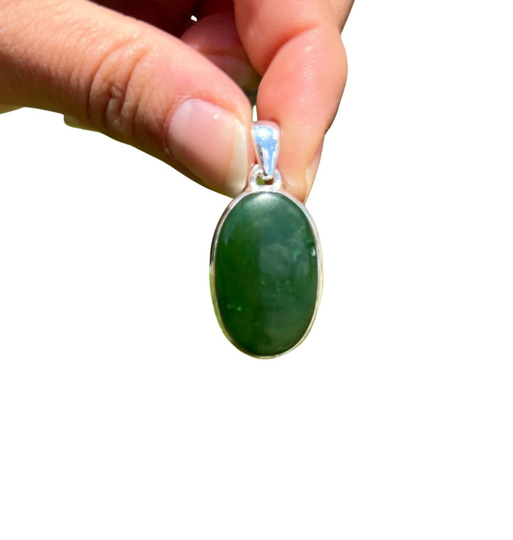 Nephrite Jade Polished Oval Pendant - Sterling Silver - No.481 