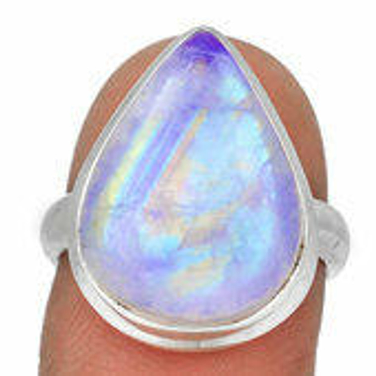 Rainbow Moonstone Ring in Sterling Silver, SIZE 7.5 US - Polished Teardrop Ring in Bezel Setting - 3721