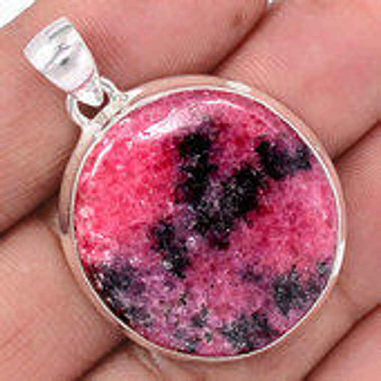 Rhodonite Polished Round Pendant in Bezel Setting - Sterling Silver - 879