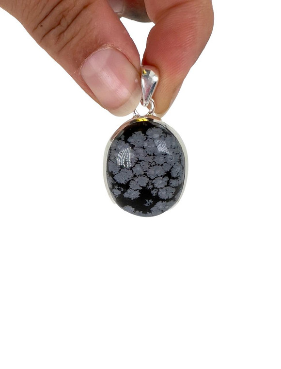 Snowflake Obsidian Polished Oval Pendant - Sterling Silver - No.499 