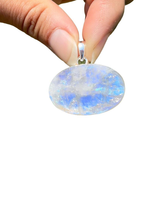 Rainbow Moonstone Raw Oval Pendant - Sterling Silver - No.279 