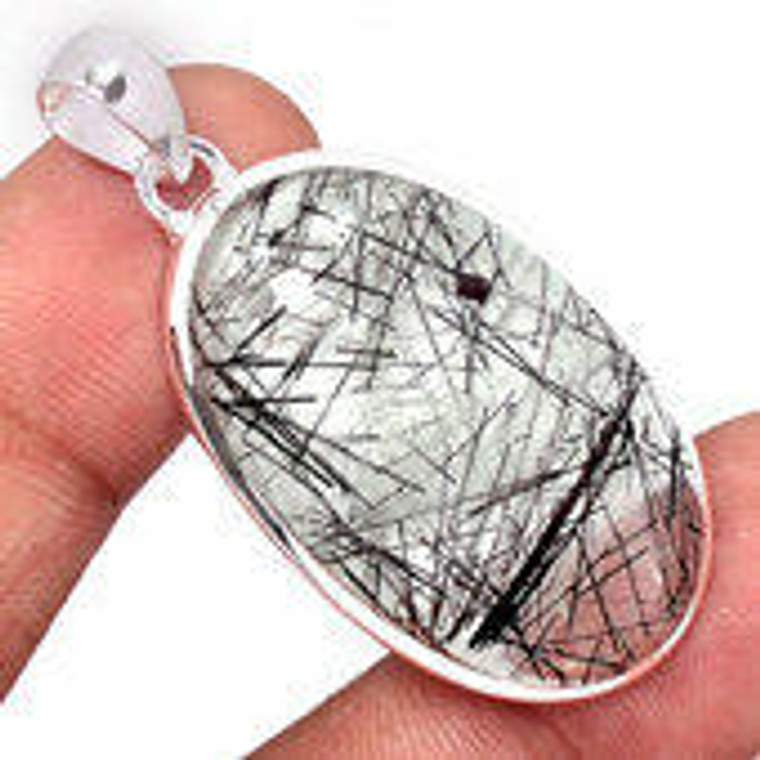 Tourmalinated quartz Polished Oval Pendant in Bezel Setting - Sterling Silver - 1480