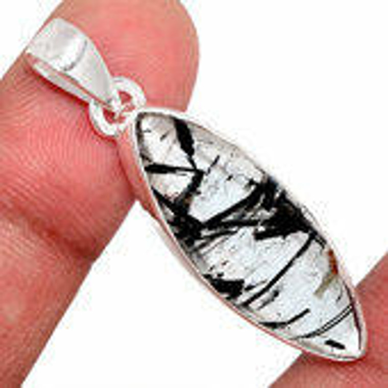 Tourmalinated quartz Polished Marquise Pendant in Bezel Setting - Sterling Silver - 1507