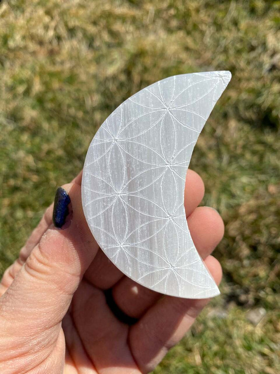 Selenite Crescent Moon - Engraved Flower of Life - Polished Stone