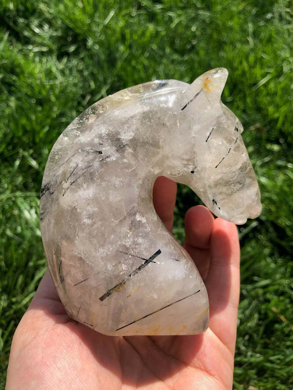 Tourmalinated Quartz Horse - Polished Crystal Sculpture - 3