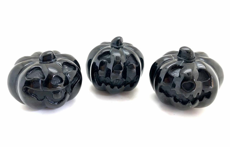 Black Obsidian Pumpkin - Polished Jack-o-Lantern Stone Sculpture