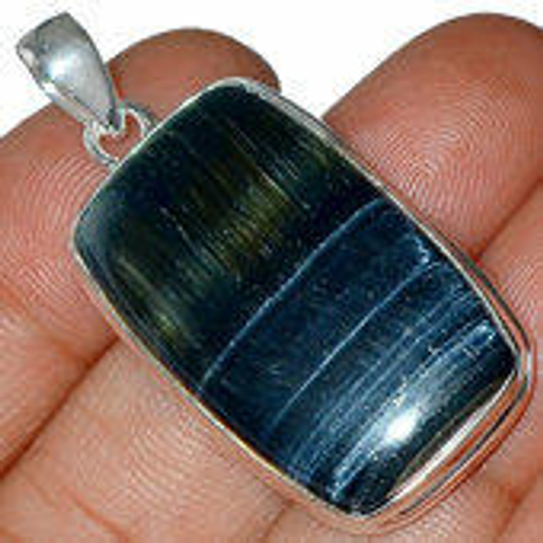 Blue Tigers Eye Pendant in Sterling Silver Bezel Setting - Sterling Silver - Polished Rectangle Pendant - 283
