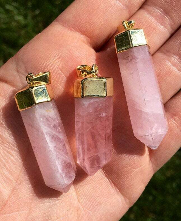 Rose Quartz Polished Point Pendant in Capped Gold Metal Setting