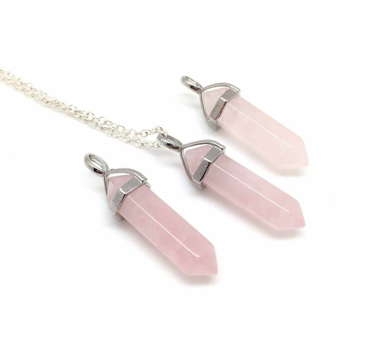 Rose Quartz Polished Point Pendant in Capped Metal Setting - Silver