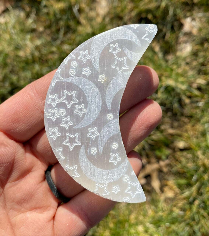 Selenite Crescent Moon with Moon and Stars Engraving