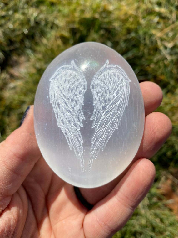 Selenite Palm Stone with Angel Wing Engraving