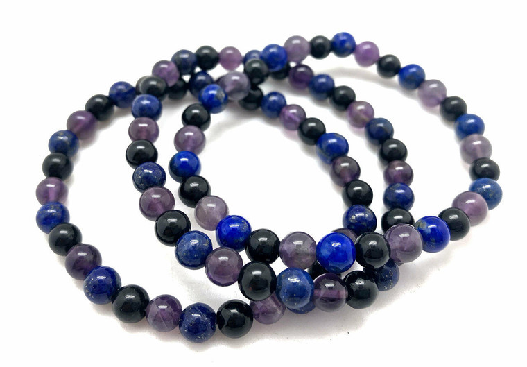 Amethyst, Lapis Lazuli, and Black Tourmaline Elastic Bracelet - 6mm Beads
