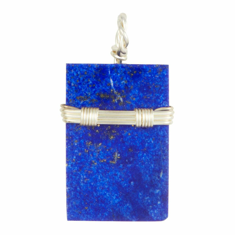 Lapis Lazuli Polished Rectangle Pendant in Wire Wrapped Setting - Sterling Silver - 131
