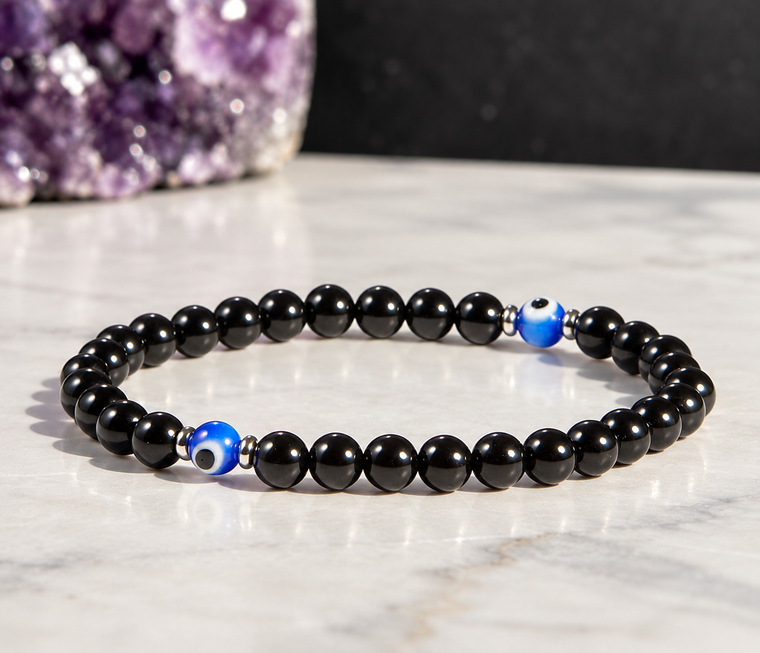 Evil Eye Protection Elastic Bracelet with Black Tourmaline - 6mm Beads