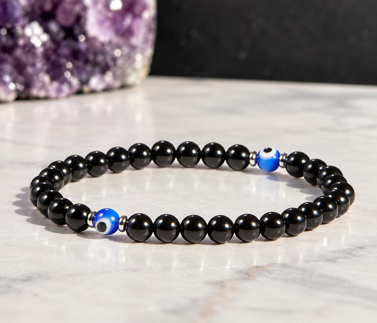 Evil Eye Protection Bracelet  - Elastic - 6mm Beads 