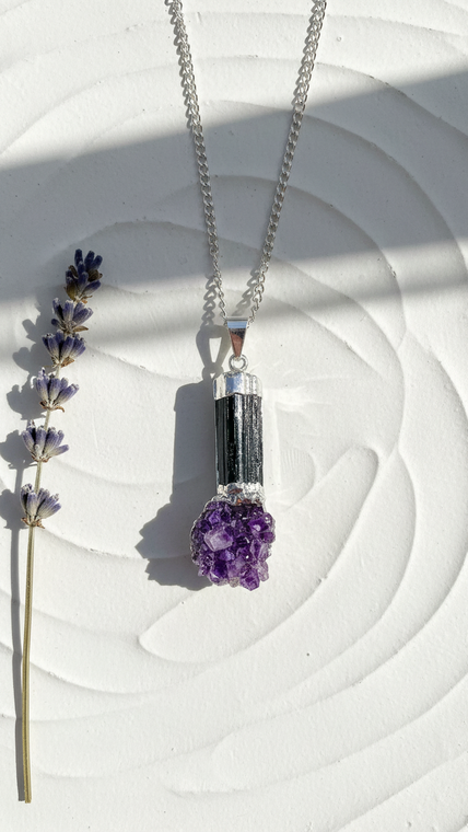 Amethyst & Black Tourmaline Raw Pendant - Plated