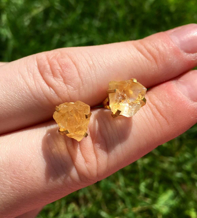 Citrine Treated Raw Natural Stud Earrings