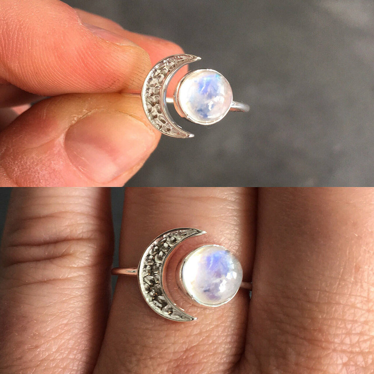 Crescent Moon Rainbow Moonstone Ring in Sterling Silver, SIZE 6 to 9 US - Polished Round Ring in Bezel Setting -
