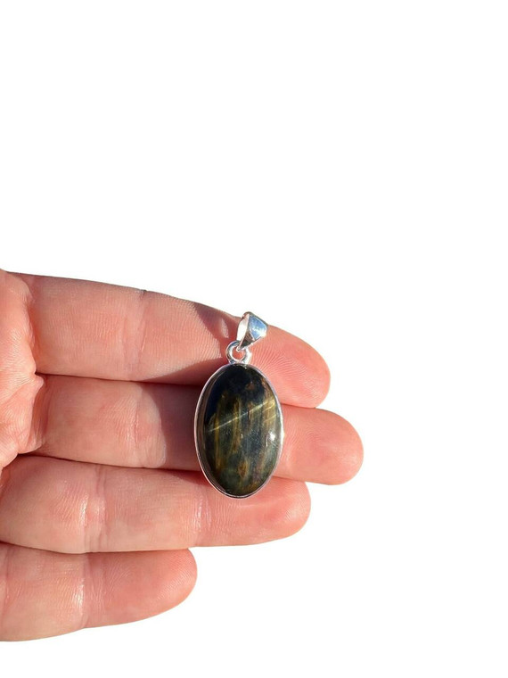Blue Tigers Eye Pendant - Polished Oval - Sterling Silver - No.120
