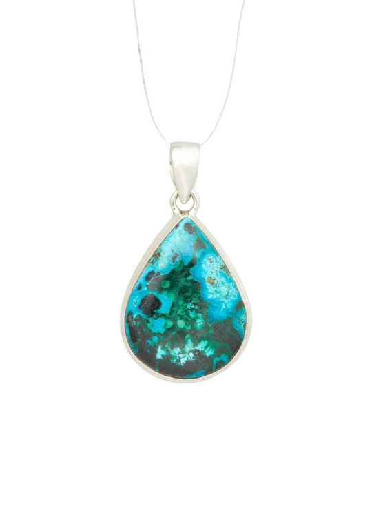 Chrysocolla Malachite Pendant - Polished Teardrop - Sterling Silver - No.1350