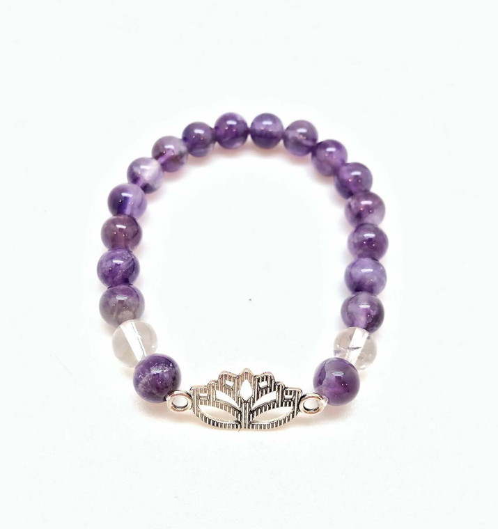 Stress Relief Elastic Bracelet with Silver Lotus Charm - 8mm Beads