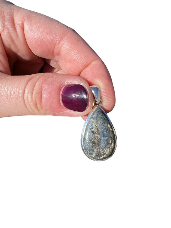 Pyrite in Agate Pendant - Polished Teardrop - Sterling Silver - No.296