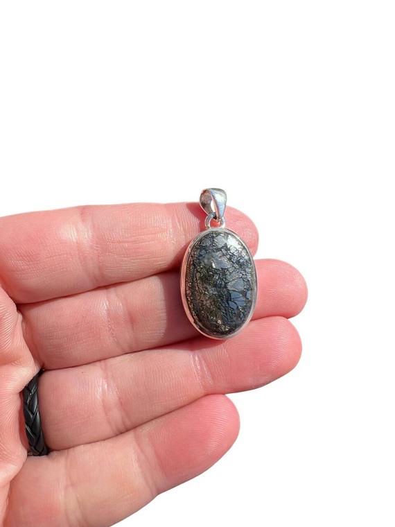 Pyrite in Agate Pendant - Polished Oval - Sterling Silver - No.281