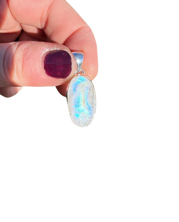 Rainbow Moonstone Pendant - Polished Oval - Sterling Silver - No.1264 