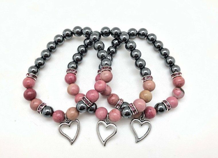 Stability in Love Elastic Bracelet with Silver Heart Charm - 6mm and 8mm Beads