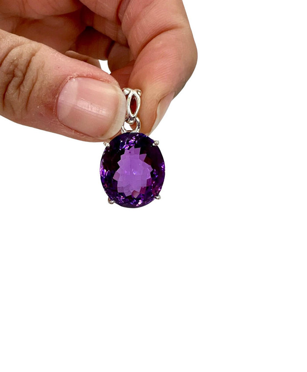 Faceted Amethyst Pendant - Polished Oval - Sterling Silver - No.1646 