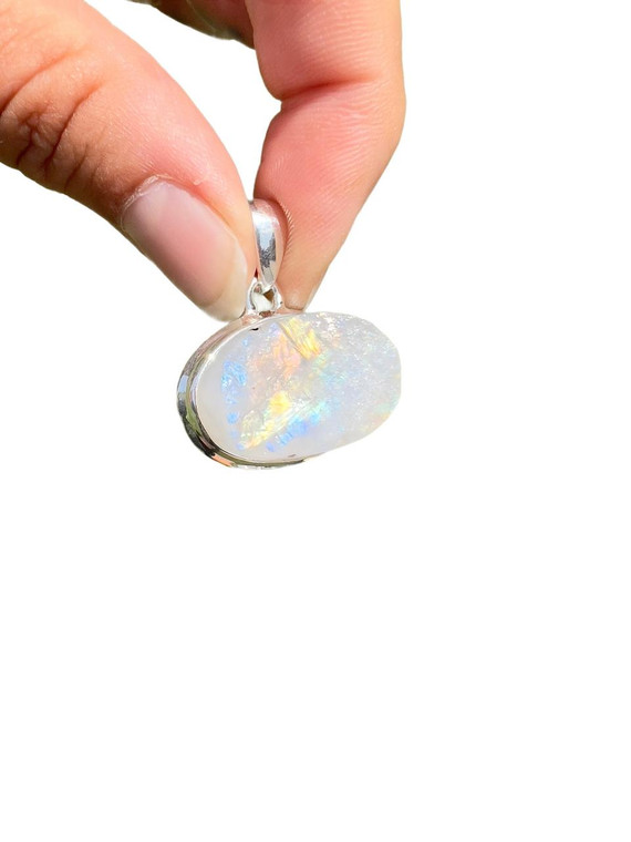 Rainbow Moonstone Pendant - Raw Oval - Sterling Silver - No.514 