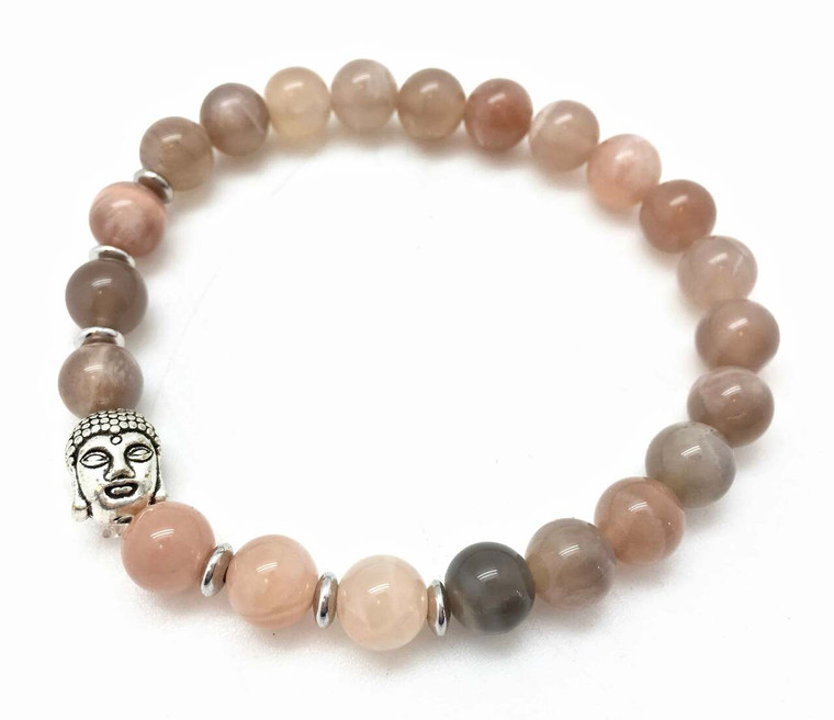 Peach Moonstone Elastic Bracelet with Buddha Head Charm - 8mm Beads